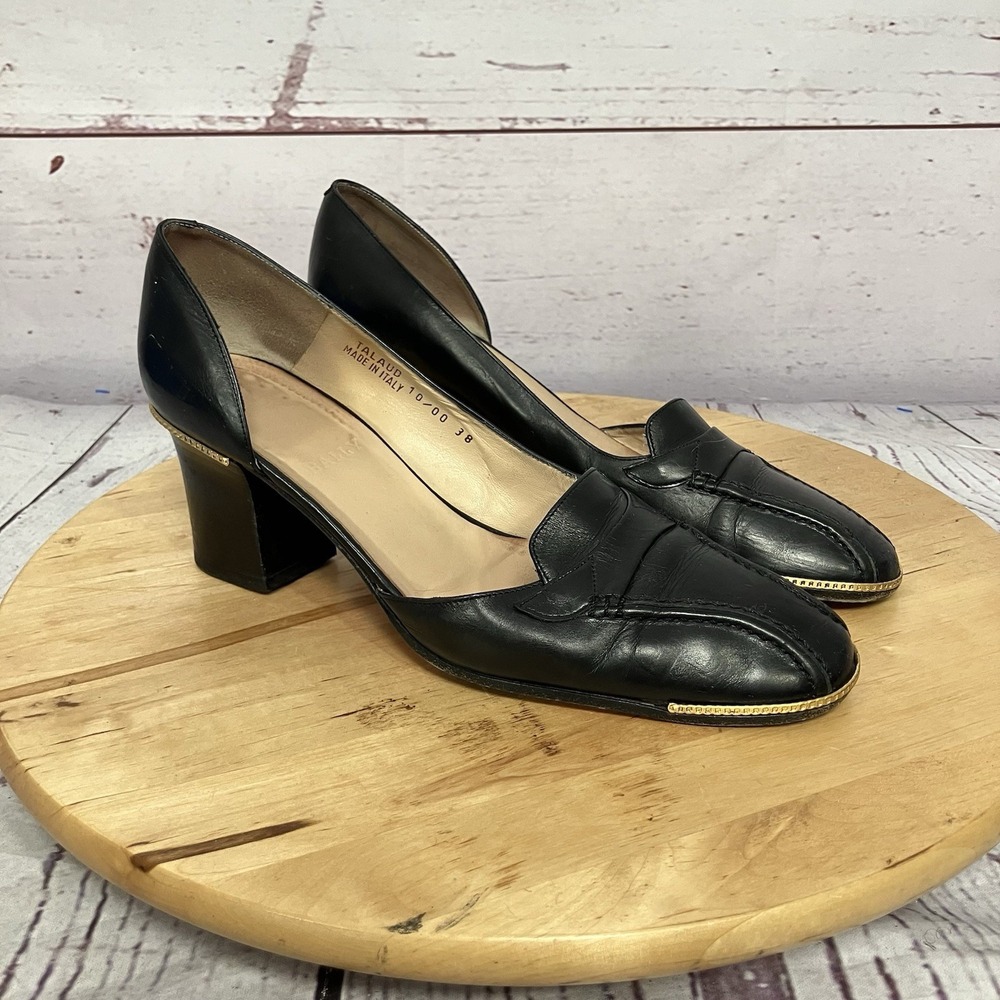 Bally Leather Block Heel Pumps Black Gold Trim Womens 7.5 US 38 EU Italy